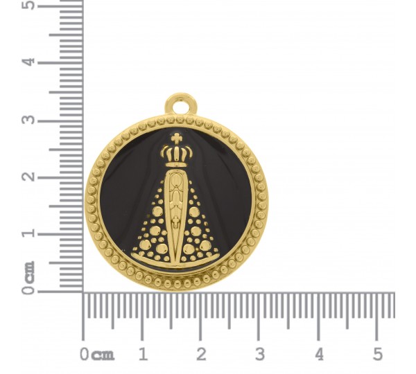Pingente Nossa Senhora Aparecida Ouro com Resina Preta 34mm
