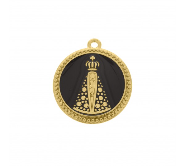 Pingente Nossa Senhora Aparecida Ouro com Resina Preta 34mm