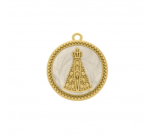 Pingente Nossa Senhora Aparecida Ouro com Resina Pérola 34mm