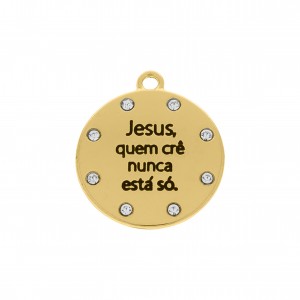 Pingente Medalha Jesus Ouro com Strass Cristal 25mm