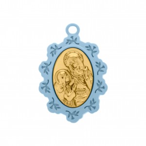 Pingente Medalha Santa Ana Azul com Ouro 34mm