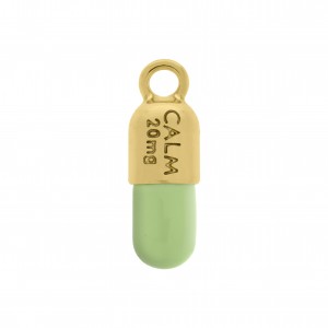 Pingente Cápsula de Remédio Ouro com Aplique Verde 19mm