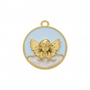 Pingente Medalha Anjo Ouro com Azul 25mm