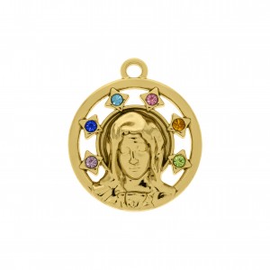 Pingente Nossa Senhora Ouro com Strass Colorido 28mm