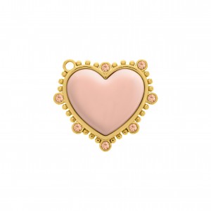 Pingente Coração Ouro com Aplique Rosa e Strass Light Peach 35mm