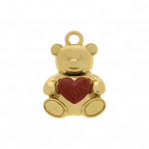 Pingente Urso Ouro com Coração Vermelho 23mm