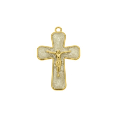 Pingente Cruz com Cristo Dourado e resina Pérola 43mm