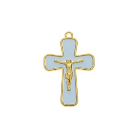 Pingente Cruz com Cristo Dourado e resina Azul 43mm