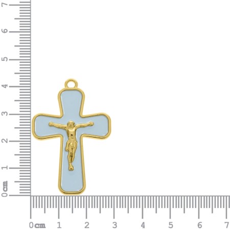 Pingente Cruz com Cristo Dourado e resina Azul 43mm