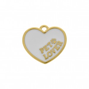 Pingente Coração Pet Lover Ouro com Resina Branca 24mm