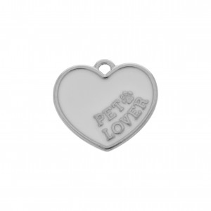 Pingente Coração Pet Lover Níquel com Resina Branca 24mm