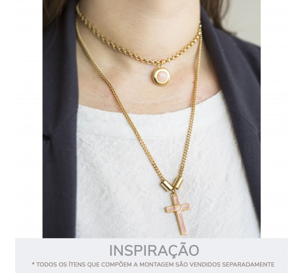 Pingente Redondo Ouro com Pedra Rosa 17mm