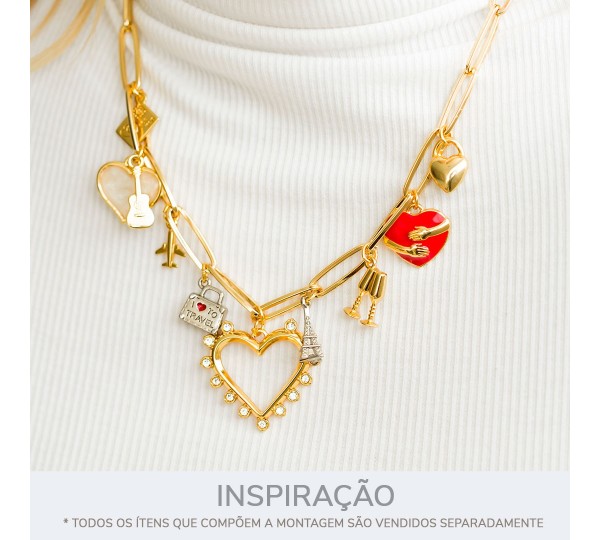 Pingente Coração Vazado Ouro com Strass 36mm