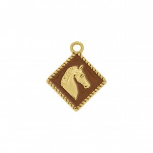 Pingente Quadrado Cavalo Ouro com Resina Marrom 25mm