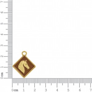 Pingente Quadrado Cavalo Ouro com Resina Marrom 25mm