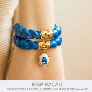 Pulseira Corda Ouro com Aplique Azul Perolizado 78mm
