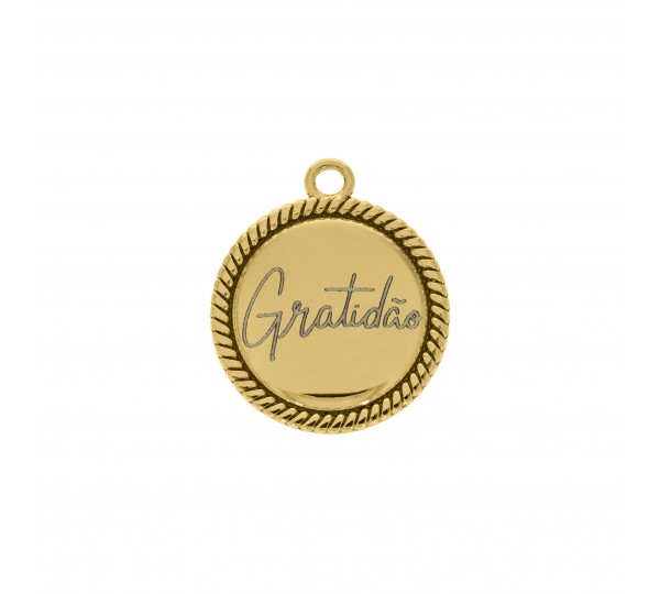 Pingente Medalha Gratidão com Detalhe em Corda Ouro 27mm