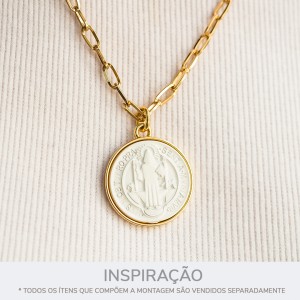 Pingente Medalha São Bento Ouro com Aplique Branco 30mm