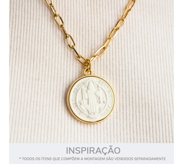 Pingente Medalha São Bento Ouro com Branco 30mm