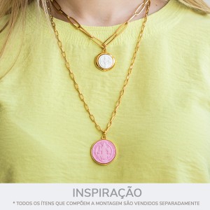 Pingente Medalha São Bento Ouro com Aplique Rosa Fosco 30mm