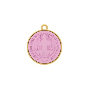 Pingente Medalha São Bento Ouro com Aplique Rosa Fosco 30mm