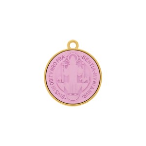 Pingente Medalha São Bento Ouro com Rosa Fosco 30mm