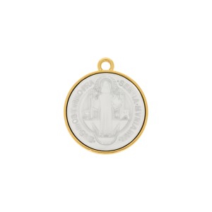 Pingente Medalha São Bento Ouro com Aplique Branco 30mm