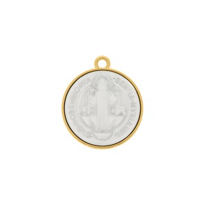 Pingente Medalha São Bento Ouro com Branco 30mm