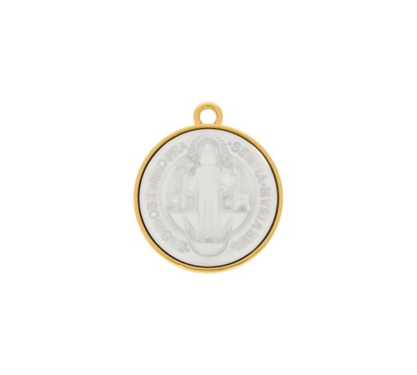Pingente Medalha São Bento Ouro com Branco 30mm