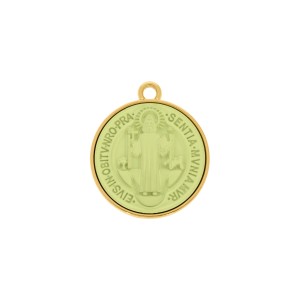 Pingente Medalha São Bento Ouro com Aplique Amarelo Fosco 30mm