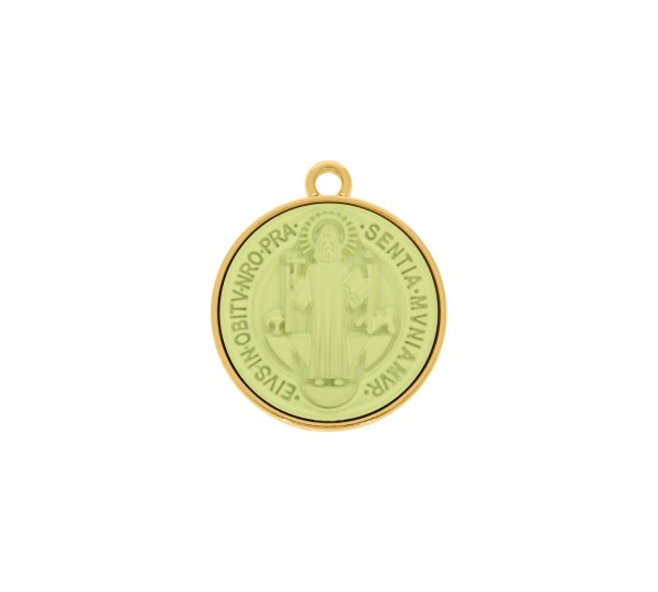 Pingente Medalha São Bento Ouro com Verde Lima 30mm