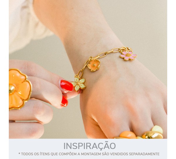 Conjunto Pingentes Flores Ouro com Resina Colorida