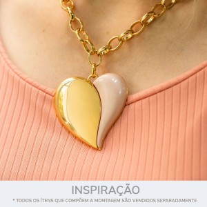 Pingente Coração Ouro com Acrílico Rosa Quartzo Perolizado 50mm