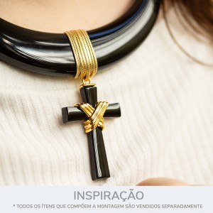 Pingente Cruz Preta com Aplique Ouro 46mm