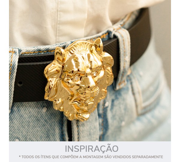 Fivela de Pino Fixo Leão Ouro com Strass 69mm