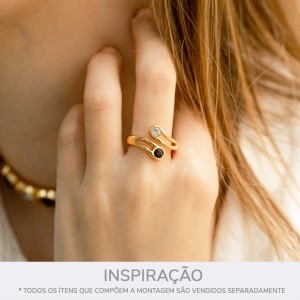 Anel Ouro com Strass Transparente e Preto Abertura 18mm
