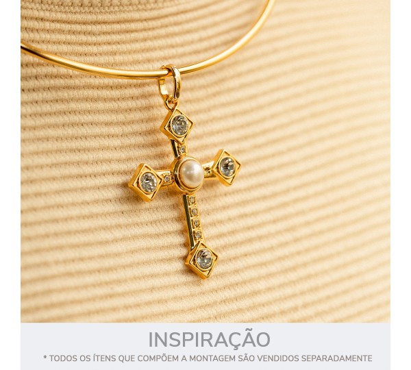 Pingente de Cruz Ouro com Strass e Pérola 54mm