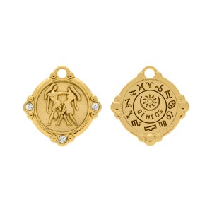 Pingente Signo Gêmeos Ouro com Cristal 26mm