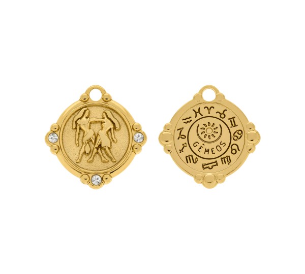 Pingente Signo Gêmeos Ouro com Cristal 26mm