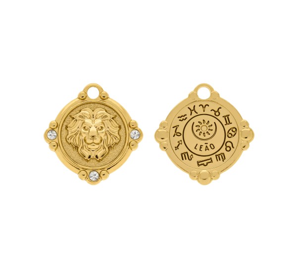 Pingente Signo Leão Ouro com Cristal 26mm