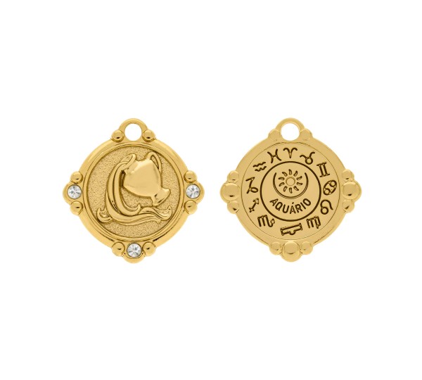 Pingente Signo Aquário Ouro com Cristal 26mm