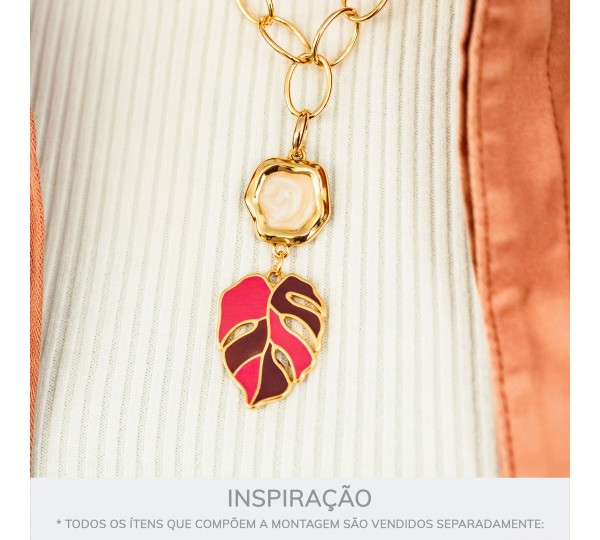 Pingente Folha Ouro com Resinas Rosas 34mm