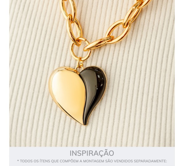 Pingente Coração Ouro com Acrílico Preto 50mm