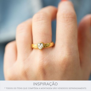 Anel Solitário Ouro com Strass de Coração Abertura 17mm