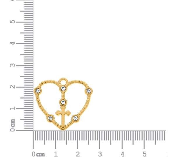 Pingente Coração e Cruz Ouro com Strass 24mm