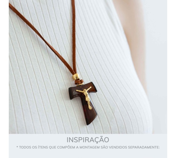 Pingente Cruz Franciscana Ouro com Marrom 46mm