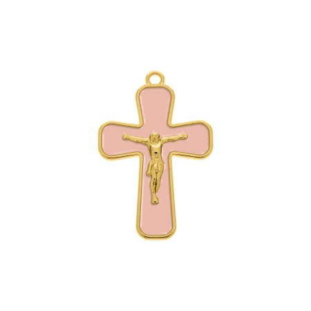 Pingente Cruz com Cristo Dourado e resina Rosa Claro 43mm