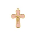 Pingente Cruz com Cristo Dourado e resina Rosa Claro 43mm