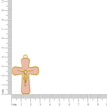 Pingente Cruz com Cristo Dourado e resina Rosa Claro 43mm