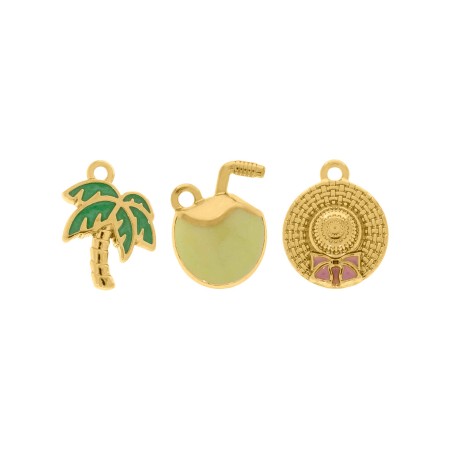 Conjunto de Pingentes Verão Dourado – Coco, Coqueiro e Chapéu de Palha